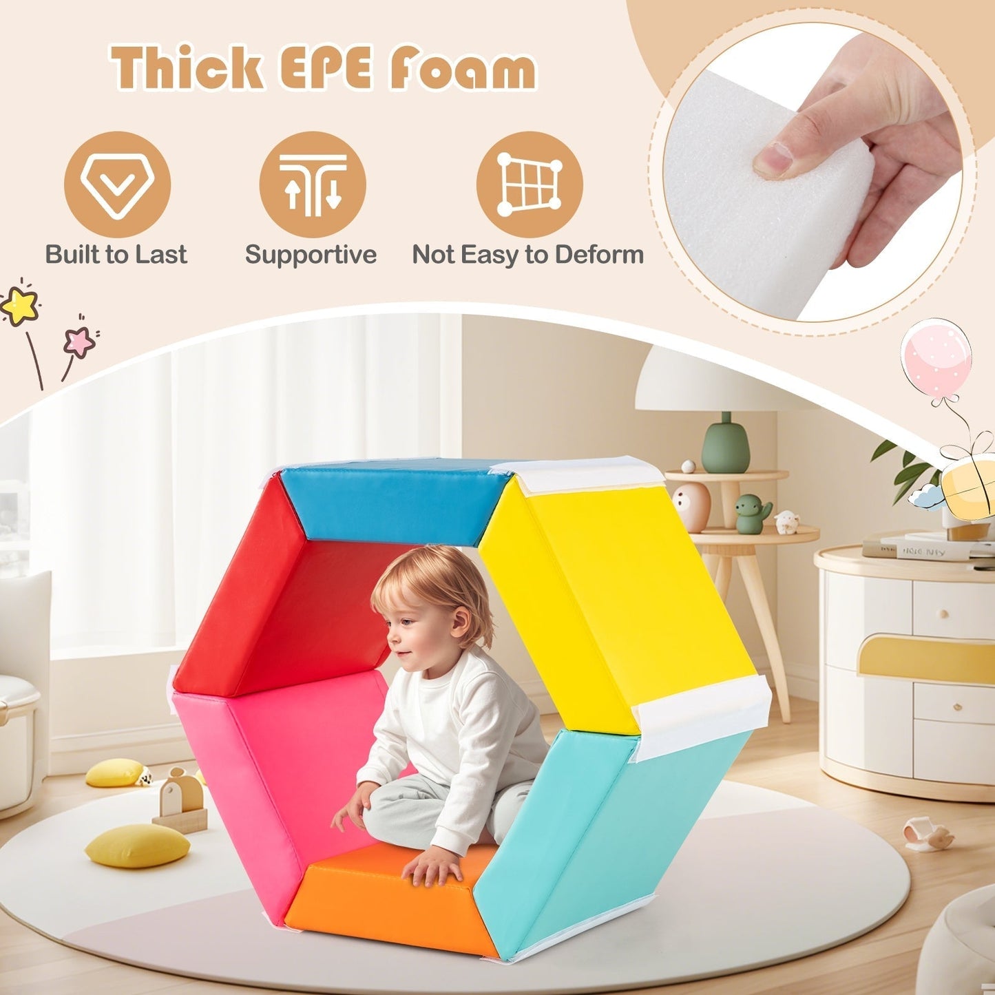 Colorful Hexagon Ball Pit for Kids Tumble Mat with Detachable PU Covers-Colourful