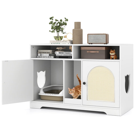 Cat Litter Box Enclosure with Storage and Double Rooms for 2 Cats-White