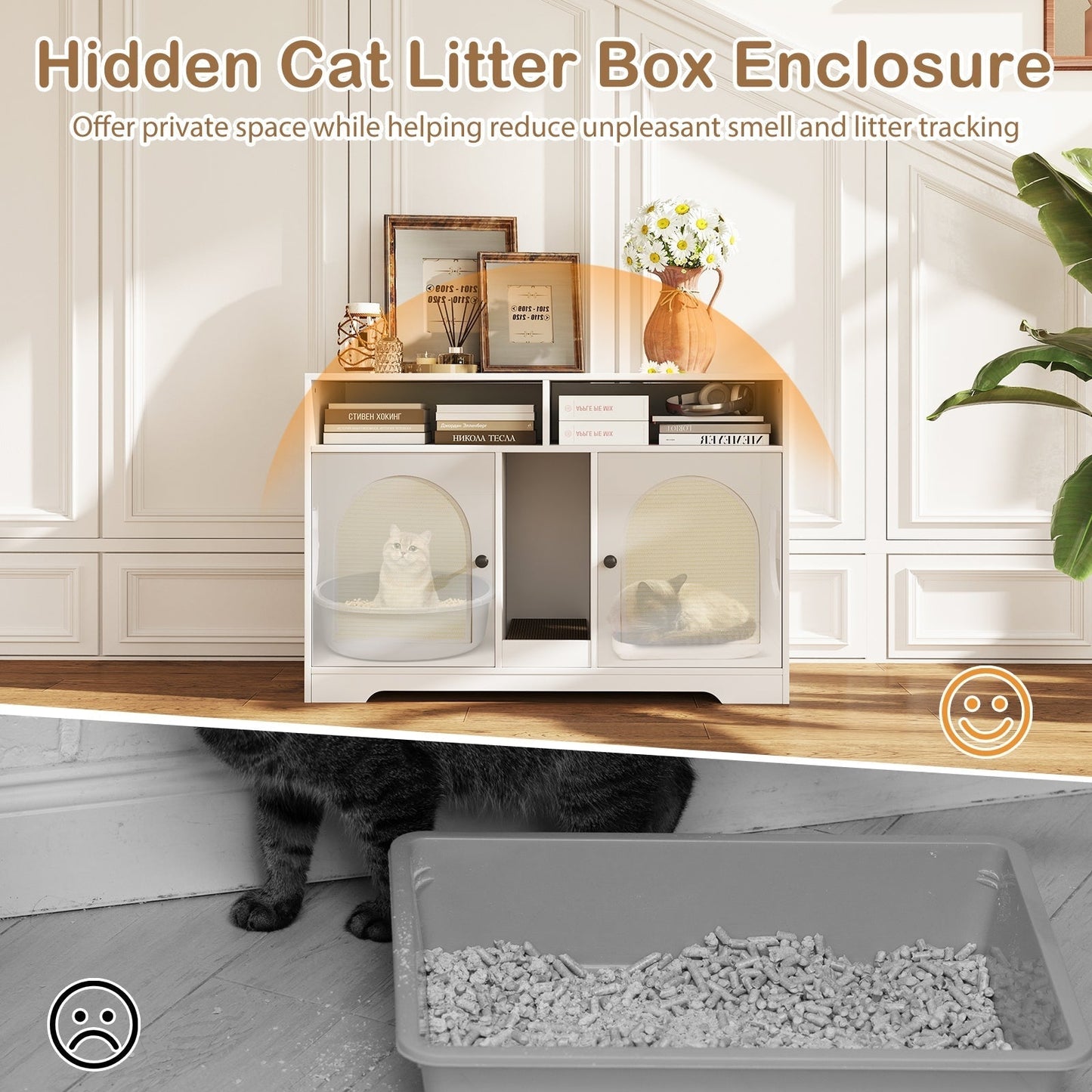 Cat Litter Box Enclosure with Storage and Double Rooms for 2 Cats-White