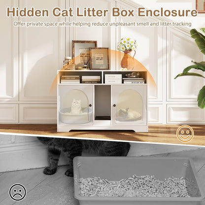 Cat Litter Box Enclosure with Storage and Double Rooms for 2 Cats-White