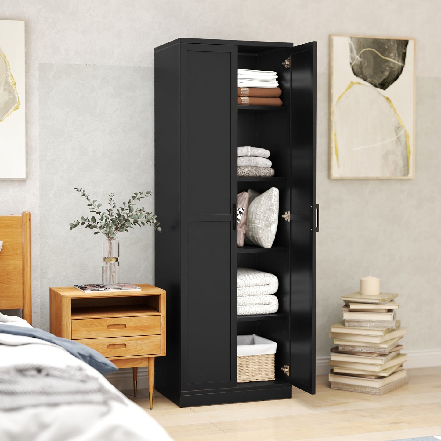 Wooden Storage Cabinet with 2 Doors and Adjustable Shelves-Black