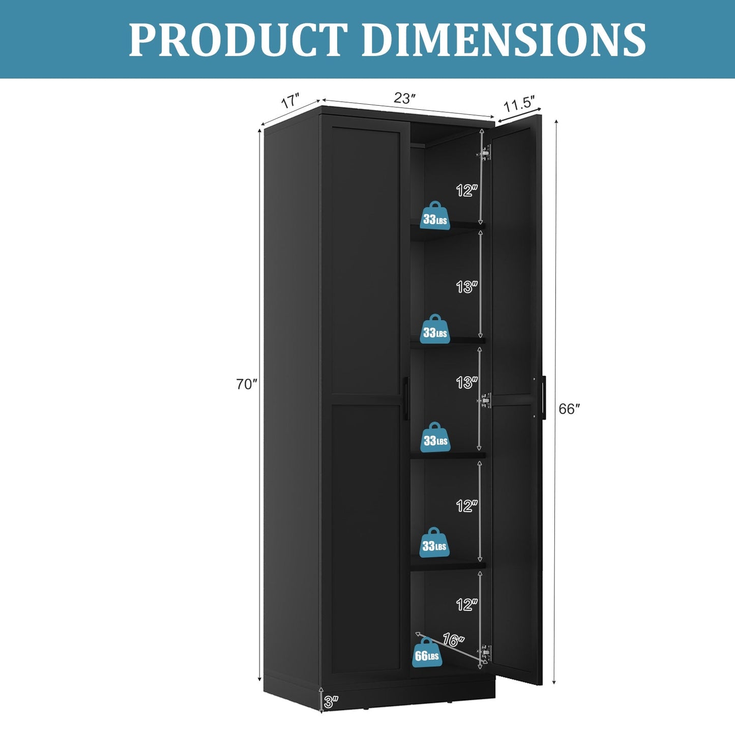 Wooden Storage Cabinet with 2 Doors and Adjustable Shelves-Black