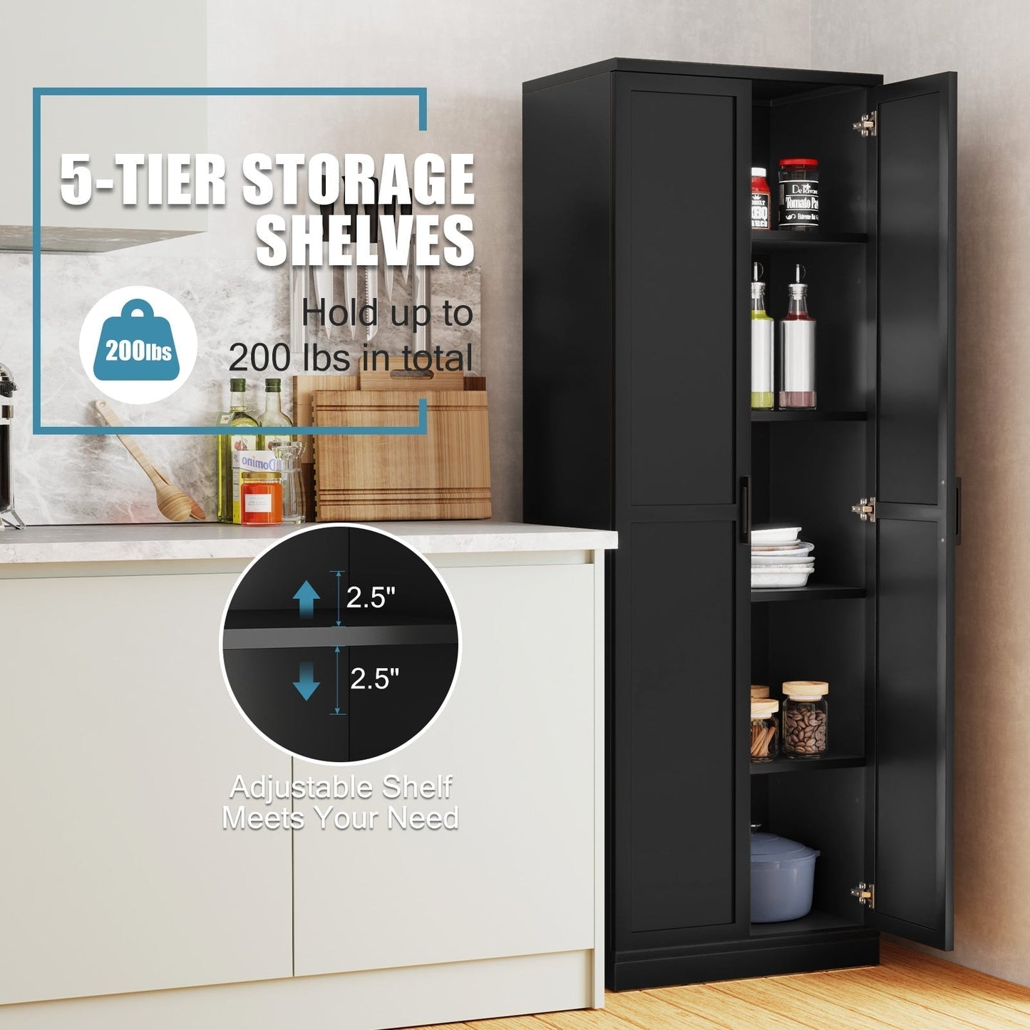 Wooden Storage Cabinet with 2 Doors and Adjustable Shelves-Black