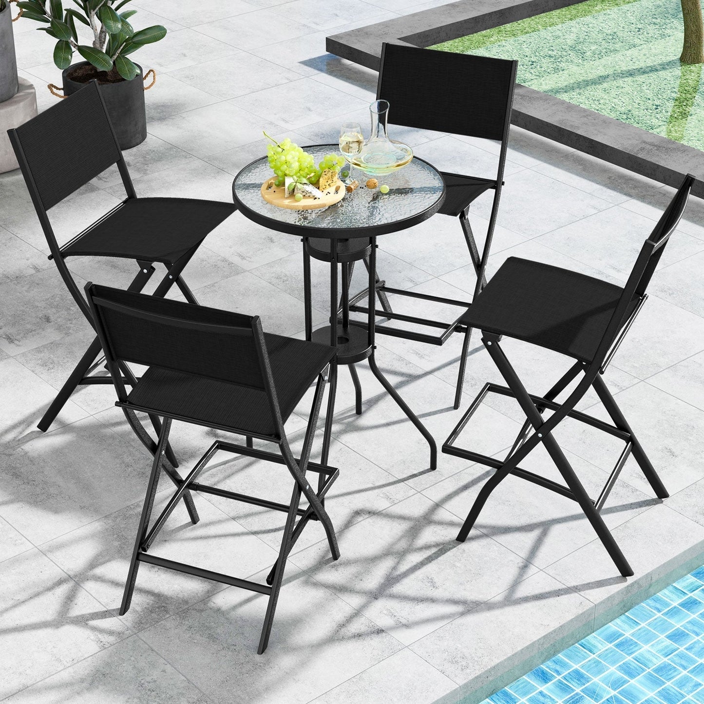 Outdoor Folding Bar Height Stool Set of 4 with Metal Frame and Footrest-Black