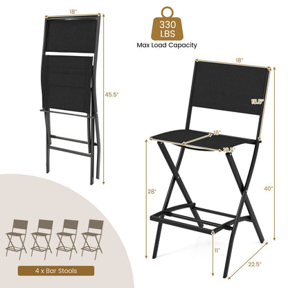 Outdoor Folding Bar Height Stool Set of 4 with Metal Frame and Footrest-Black