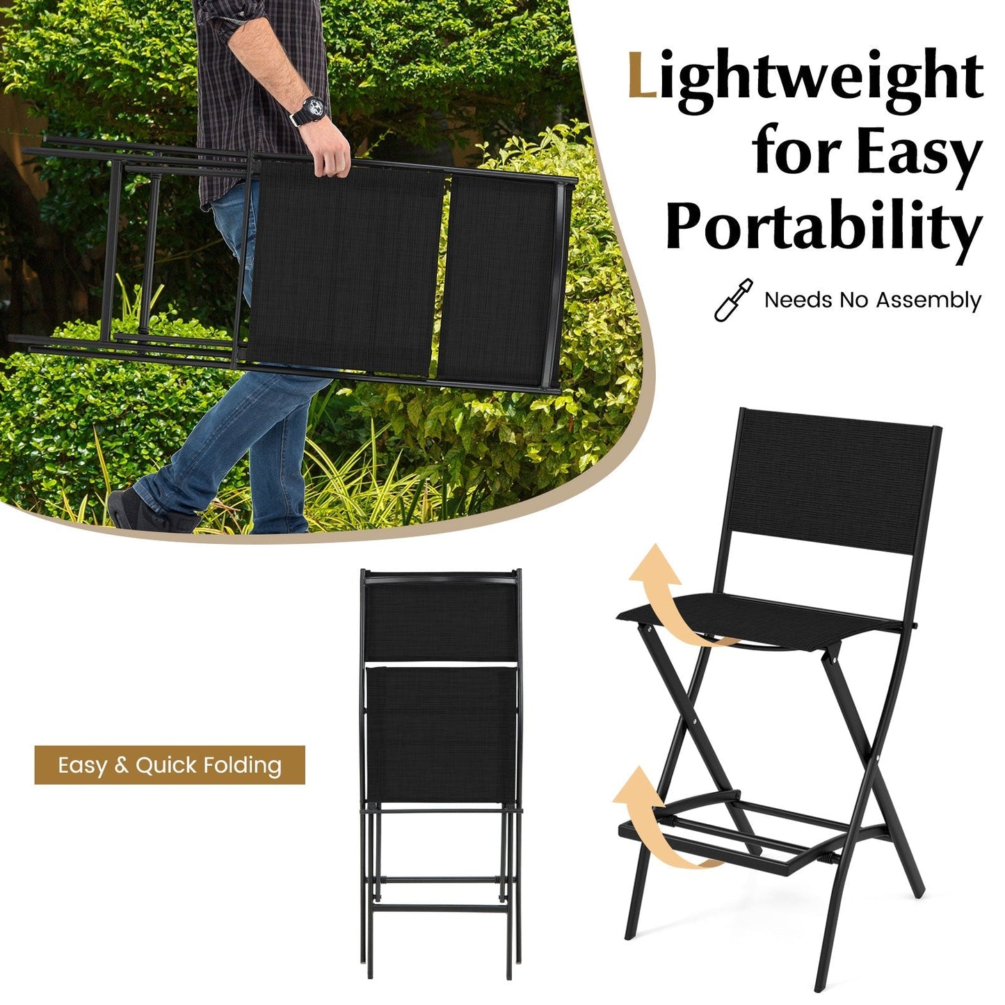 Outdoor Folding Bar Height Stool Set of 4 with Metal Frame and Footrest-Black