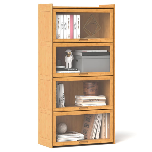 140 cm Bamboo Bookshelf with See-through Acrylic Doors-Natural