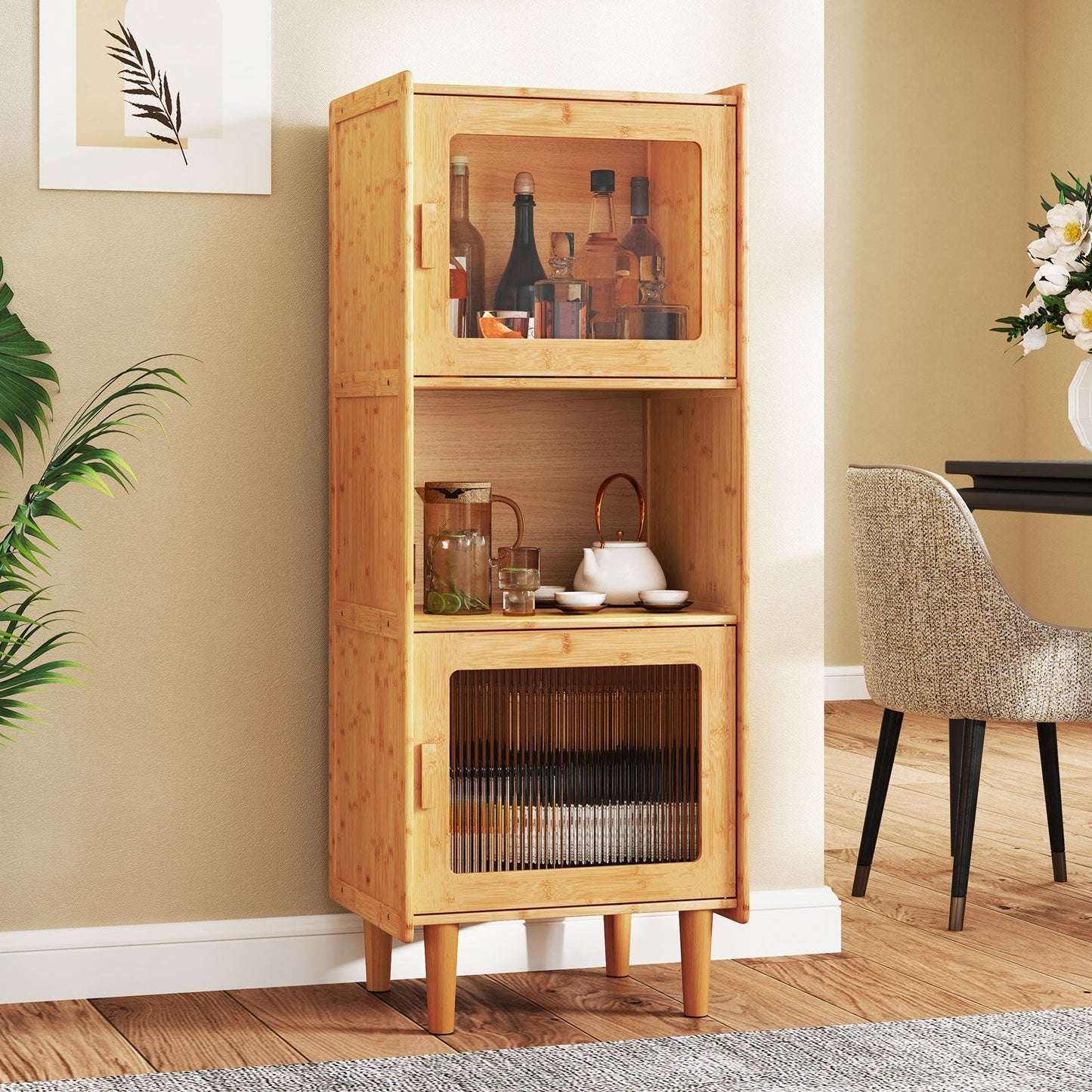 3-Cube Bamboo Cabinet with Open Compartment and 2 Acrylic Doors-Natural