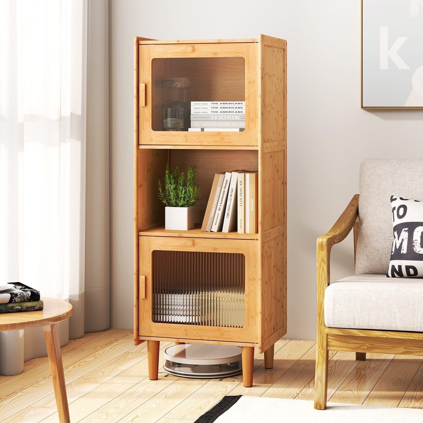 3-Cube Bamboo Cabinet with Open Compartment and 2 Acrylic Doors-Natural