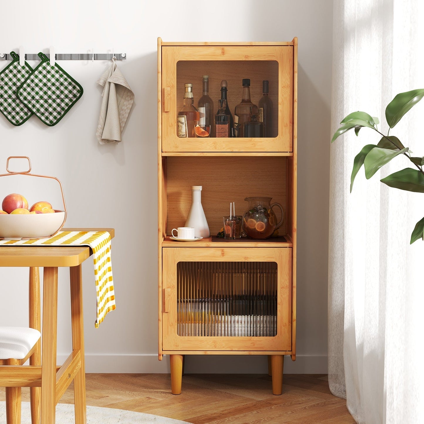 3-Cube Bamboo Cabinet with Open Compartment and 2 Acrylic Doors-Natural