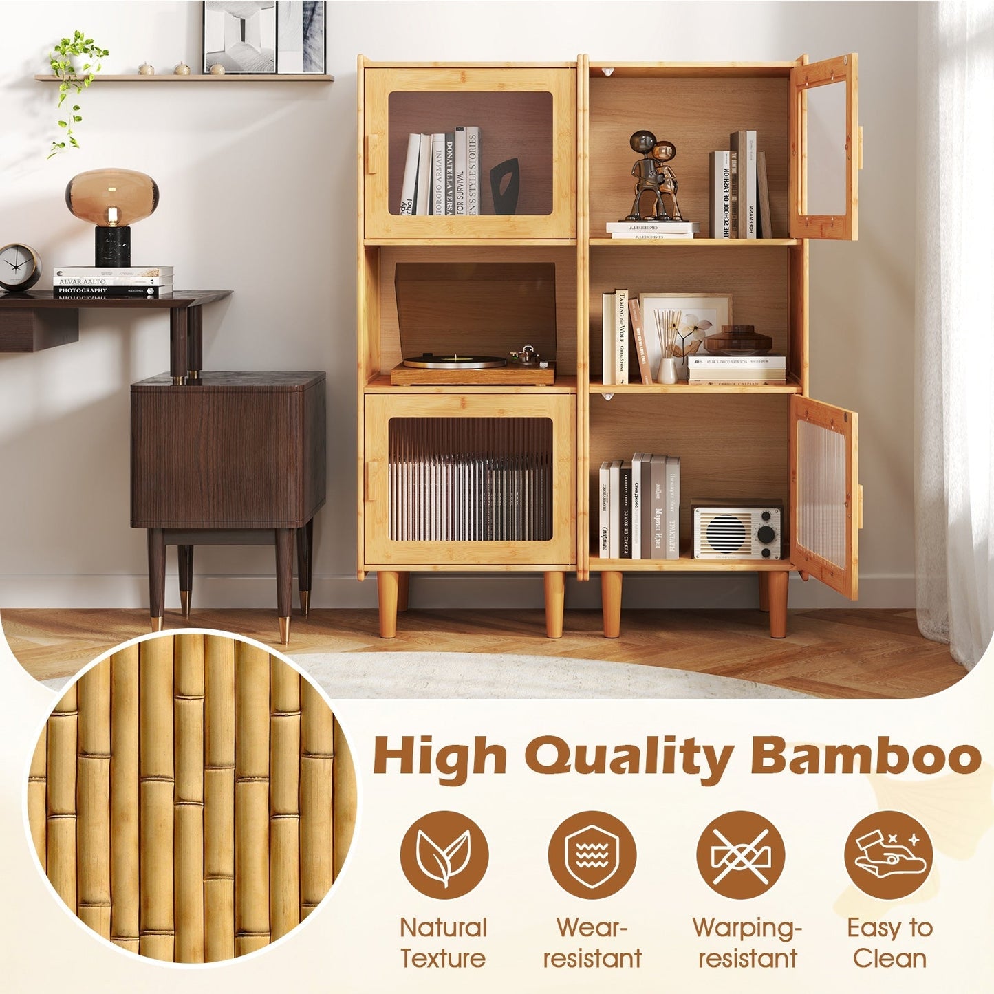 3-Cube Bamboo Cabinet with Open Compartment and 2 Acrylic Doors-Natural