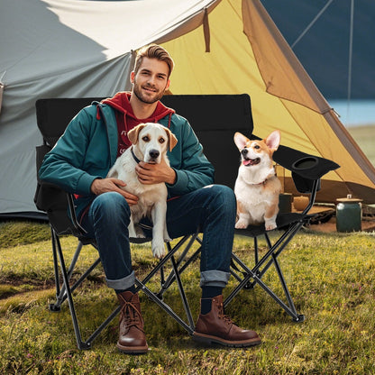 Double Camping Chair with Cup Holders and Carrying Bag-Black