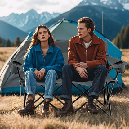 Double Camping Chair with Cup Holders and Carrying Bag-Grey