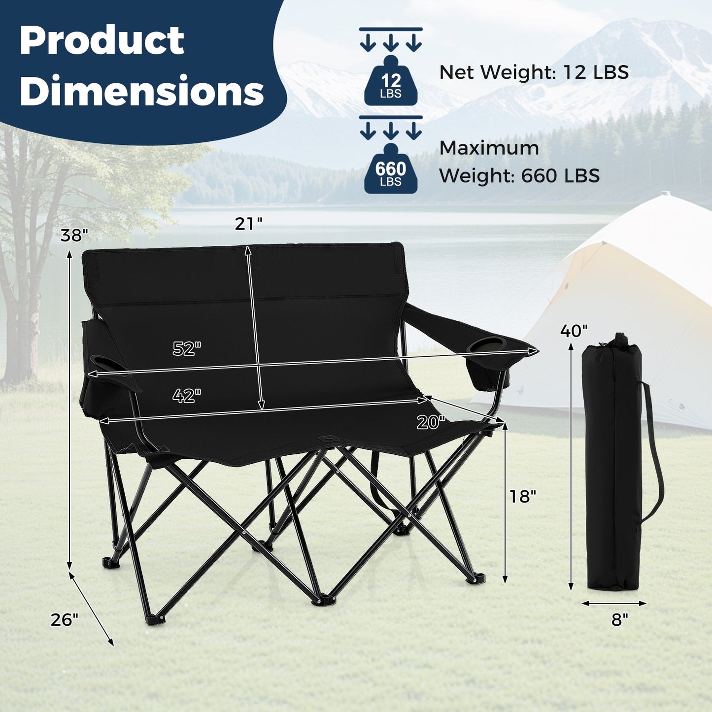 Double Camping Chair with Cup Holders and Carrying Bag-Black
