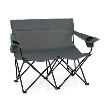 Double Camping Chair with Cup Holders and Carrying Bag-Grey
