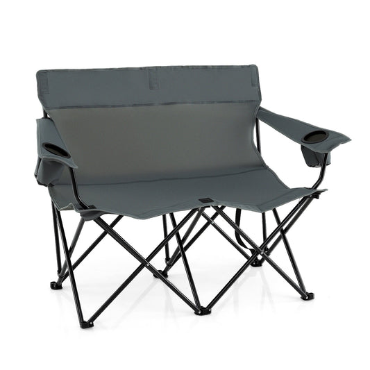 Double Camping Chair with Cup Holders and Carrying Bag-Grey