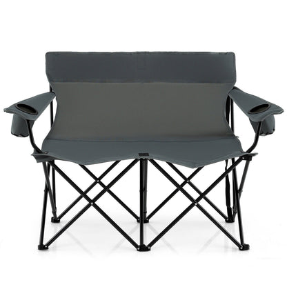 Double Camping Chair with Cup Holders and Carrying Bag-Grey