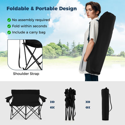 Double Camping Chair with Cup Holders and Carrying Bag-Black
