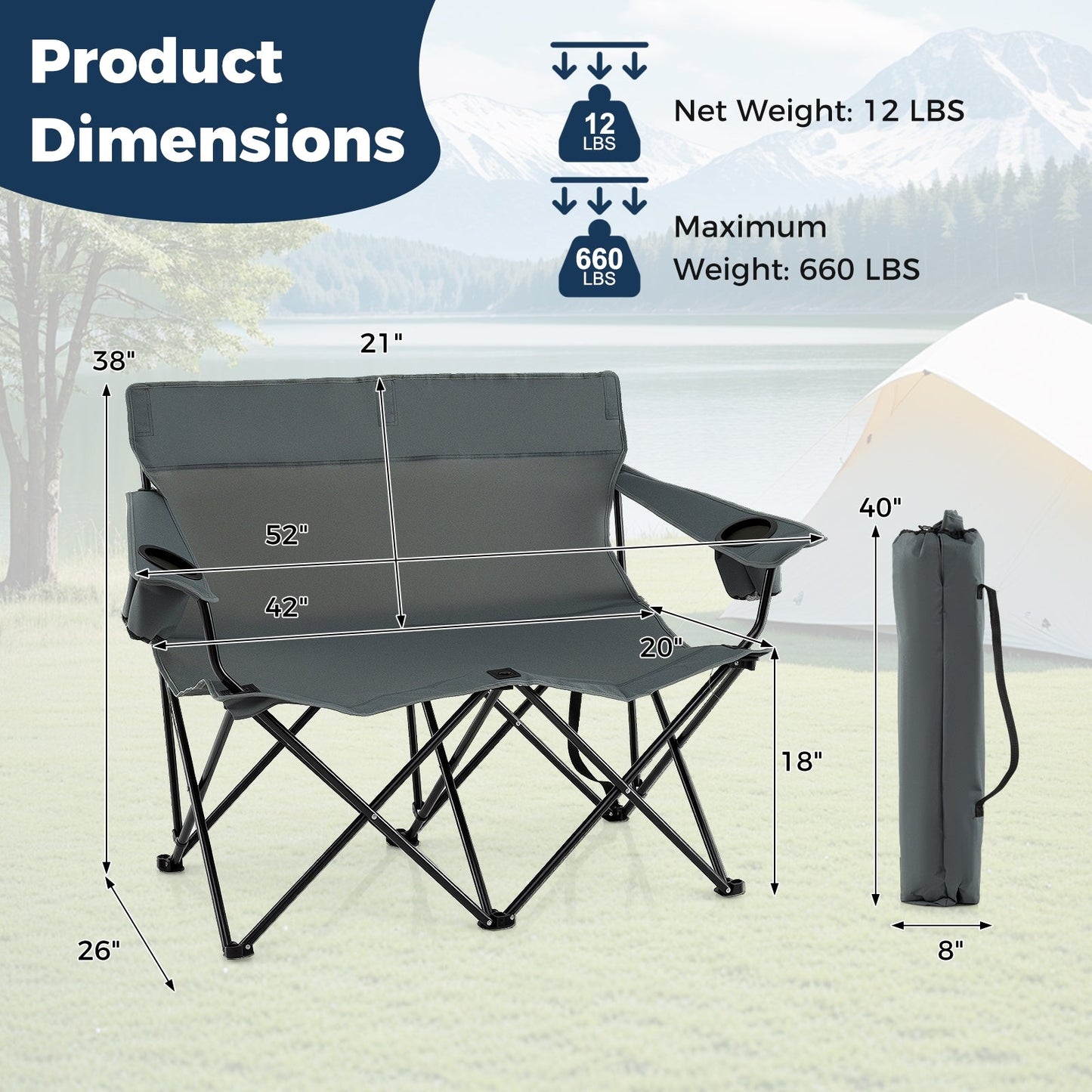 Double Camping Chair with Cup Holders and Carrying Bag-Grey