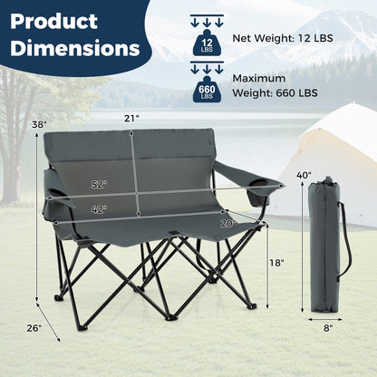 Double Camping Chair with Cup Holders and Carrying Bag-Grey