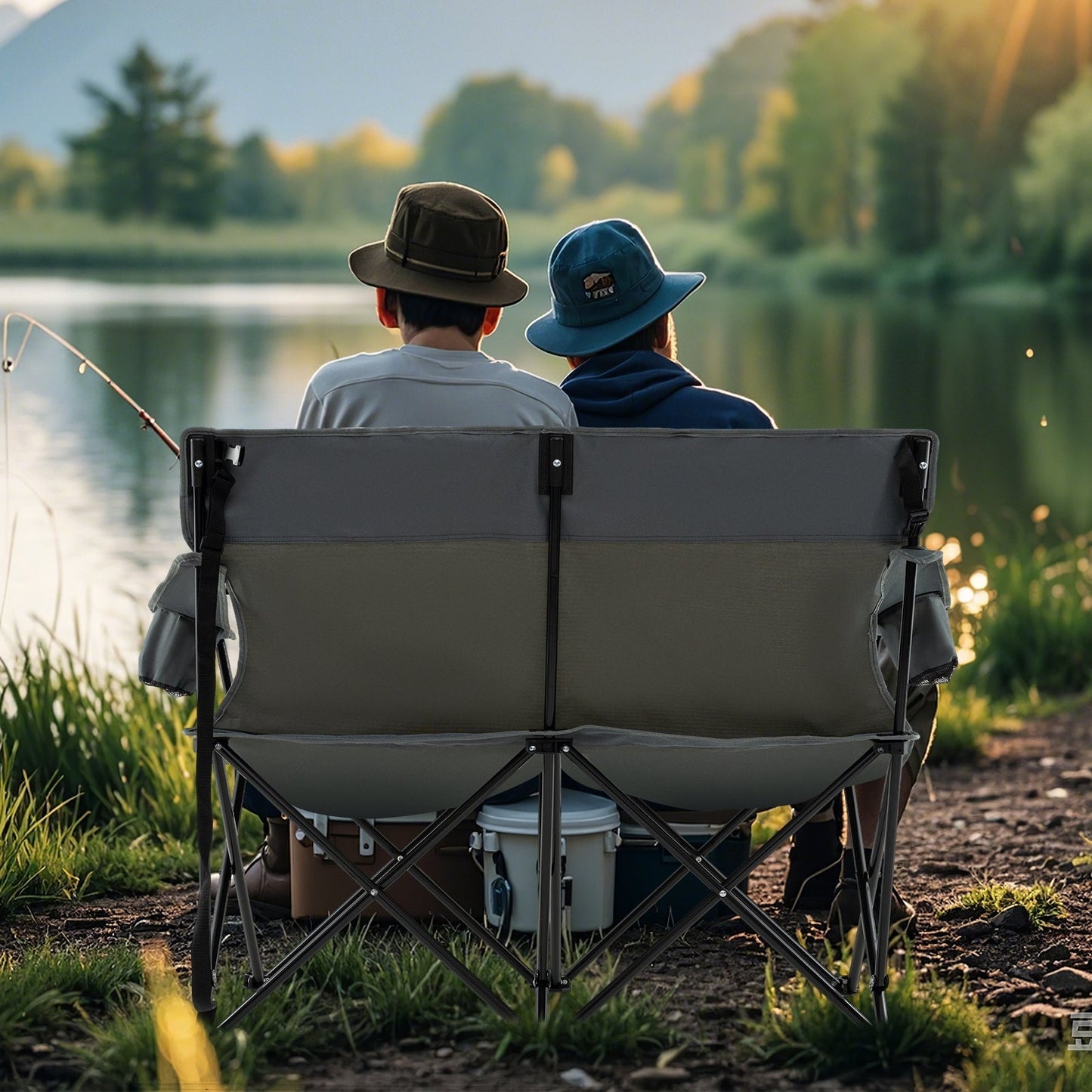 Double Camping Chair with Cup Holders and Carrying Bag-Grey