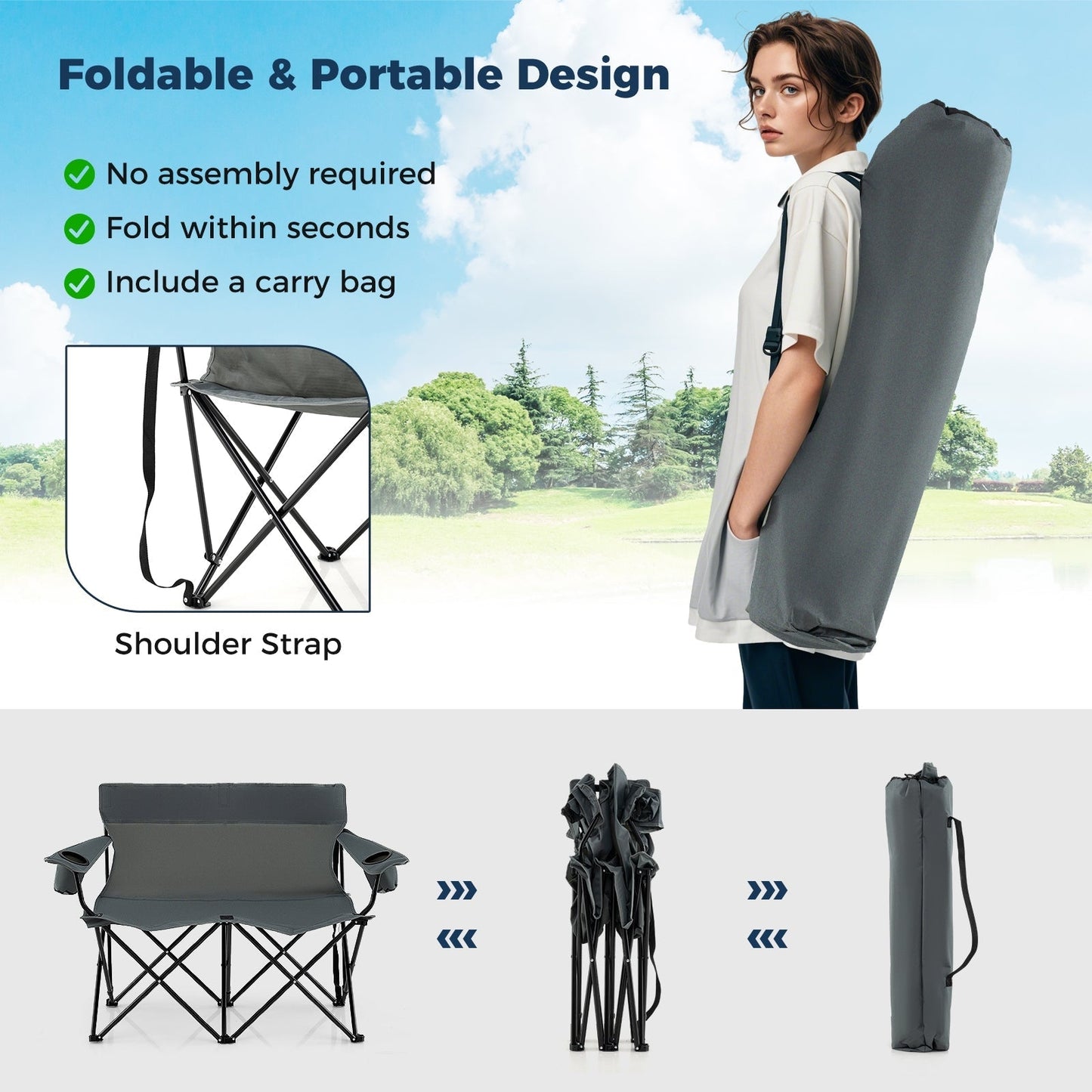 Double Camping Chair with Cup Holders and Carrying Bag-Grey