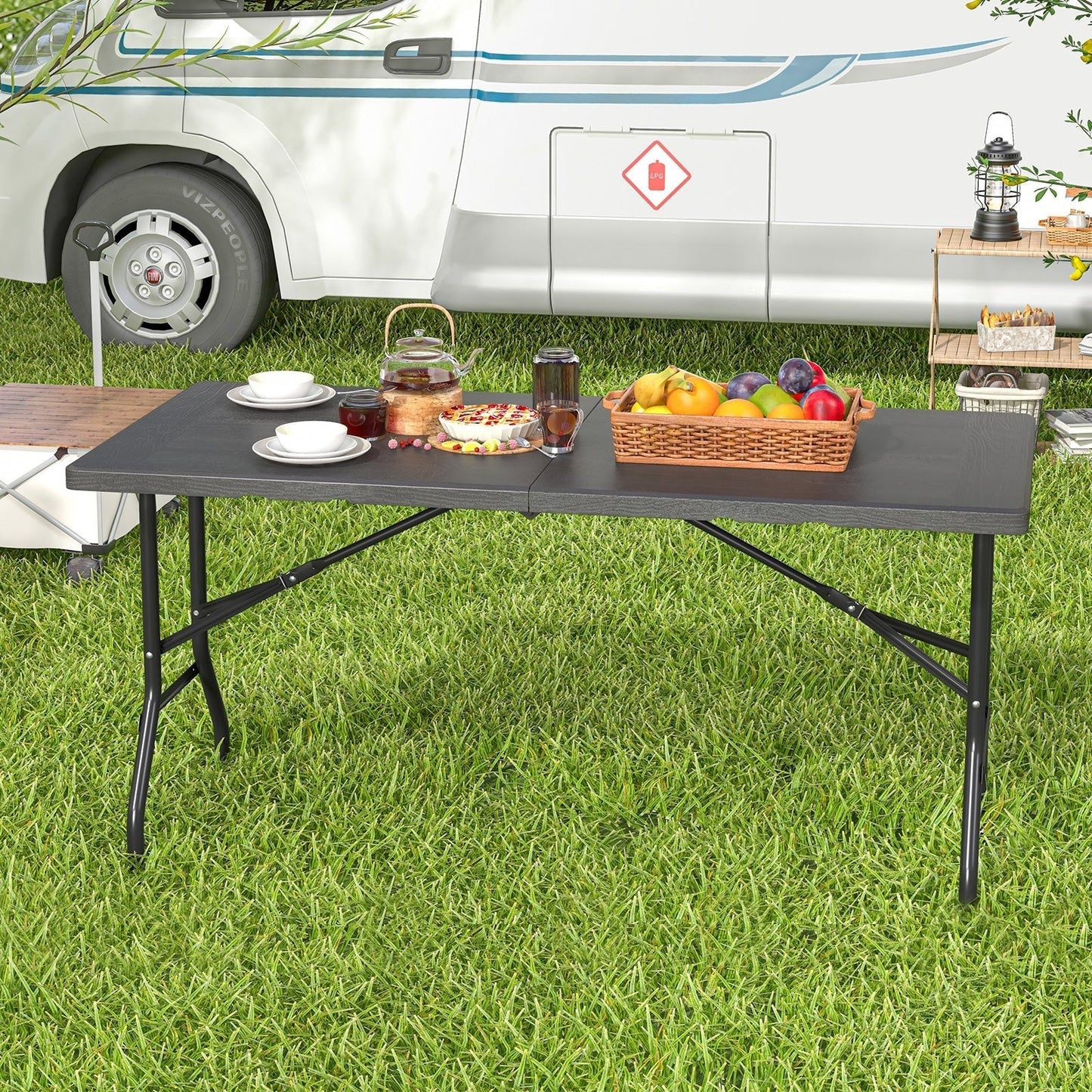 Outdoor Dining Table with Wood Grain HDPE Tabletop and Sturdy Metal Fame-Black
