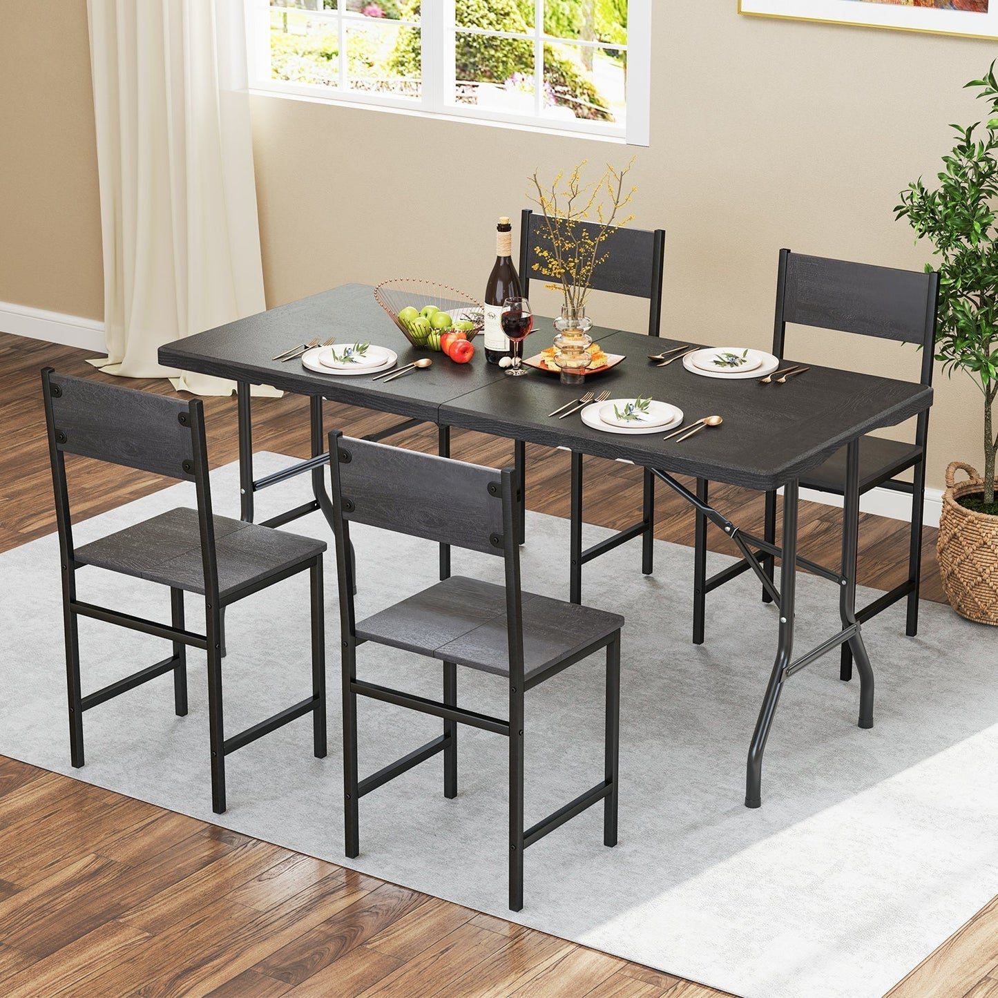 Outdoor Dining Table with Wood Grain HDPE Tabletop and Sturdy Metal Fame-Black