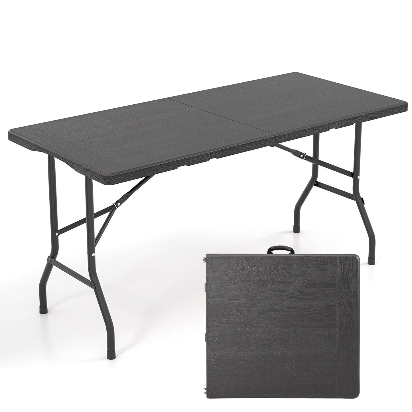 Outdoor Dining Table with Wood Grain HDPE Tabletop and Sturdy Metal Fame-Black