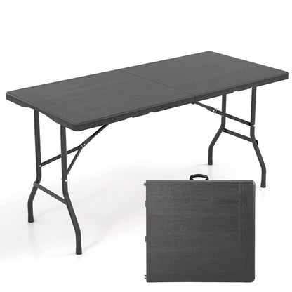 Outdoor Dining Table with Wood Grain HDPE Tabletop and Sturdy Metal Fame-Black