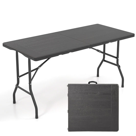 Outdoor Dining Table with Wood Grain HDPE Tabletop and Sturdy Metal Fame-Black