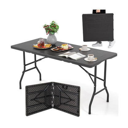 Outdoor Dining Table with Wood Grain HDPE Tabletop and Sturdy Metal Fame-Black