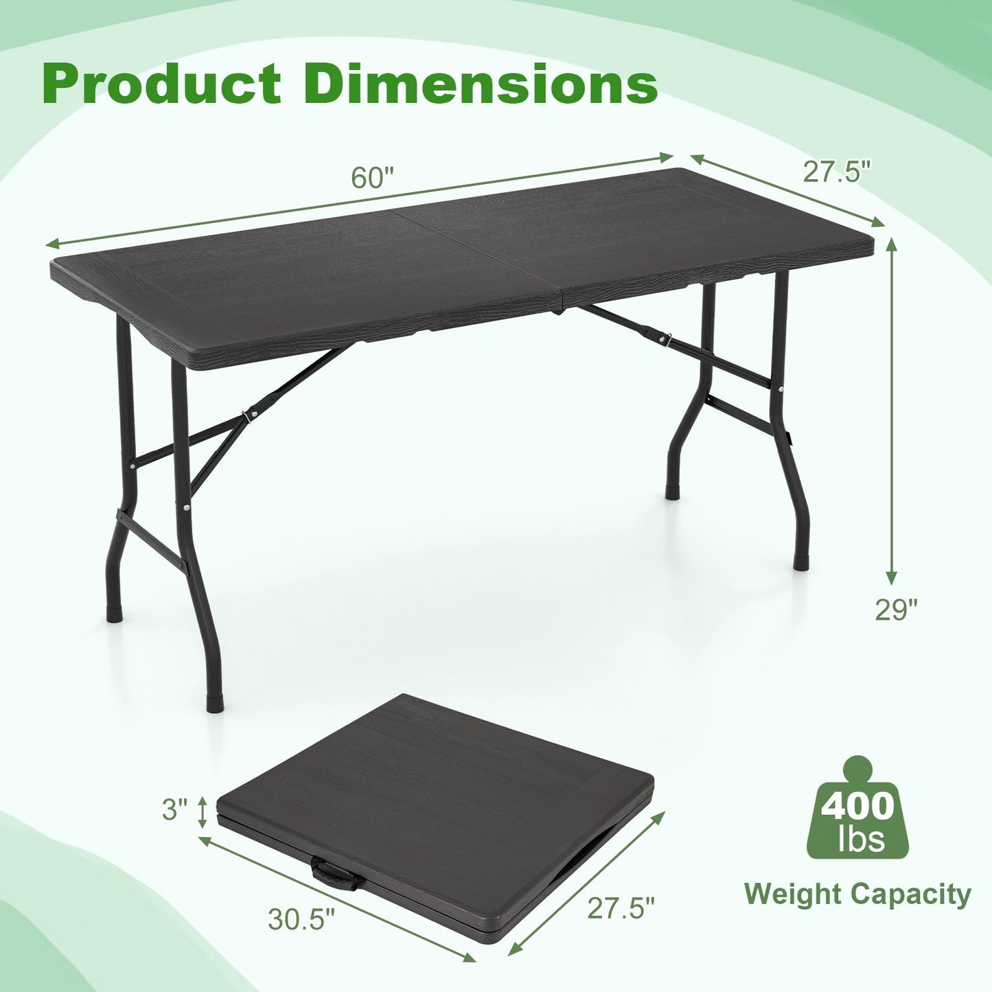 Outdoor Dining Table with Wood Grain HDPE Tabletop and Sturdy Metal Fame-Black
