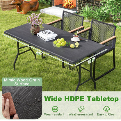 Outdoor Dining Table with Wood Grain HDPE Tabletop and Sturdy Metal Fame-Black
