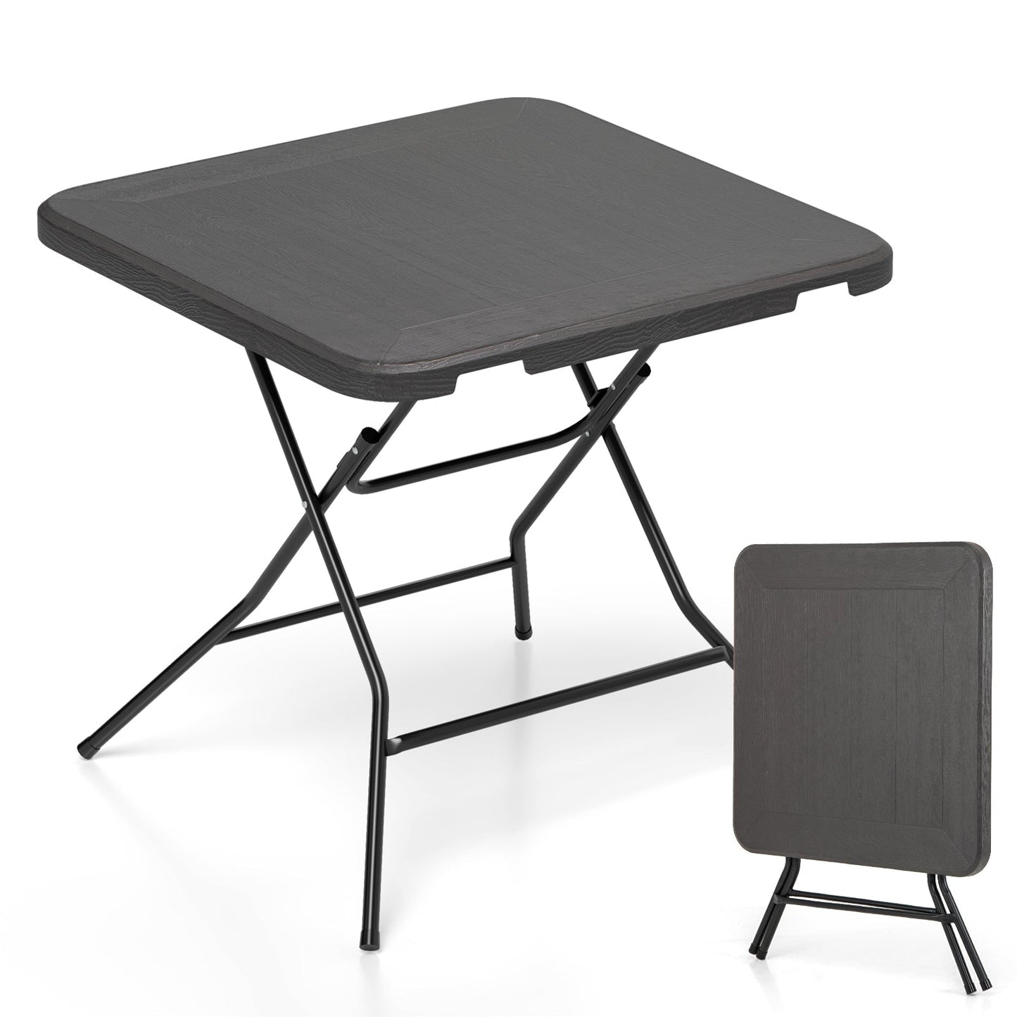 2.6FT Foldable Dining Table with Wood Grain HDPE Tabletop and Non-slip Foot Pads-Black