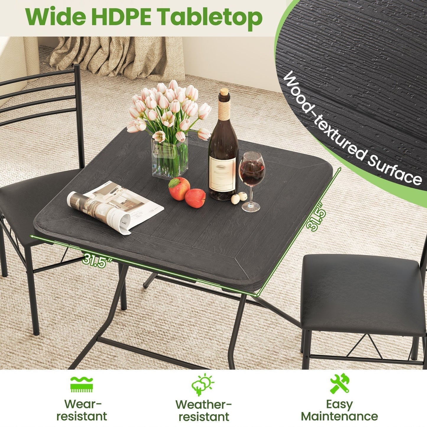 2.6FT Foldable Dining Table with Wood Grain HDPE Tabletop and Non-slip Foot Pads-Black
