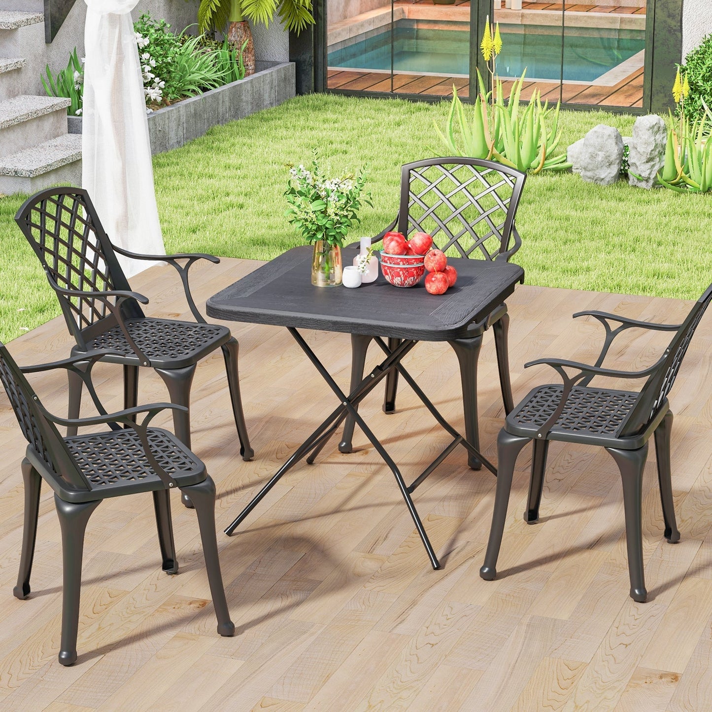 2.6FT Foldable Dining Table with Wood Grain HDPE Tabletop and Non-slip Foot Pads-Black