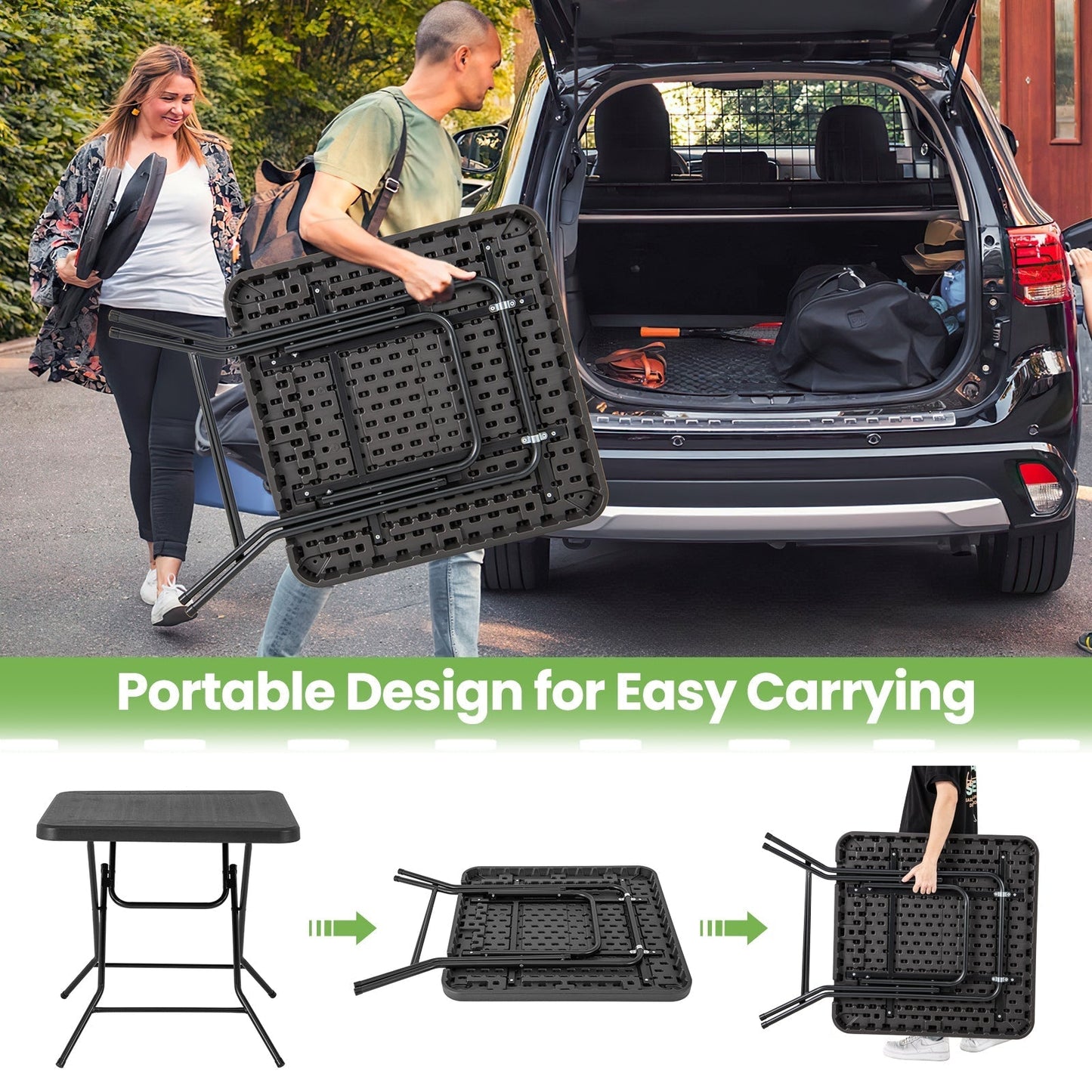 2.6FT Foldable Dining Table with Wood Grain HDPE Tabletop and Non-slip Foot Pads-Black