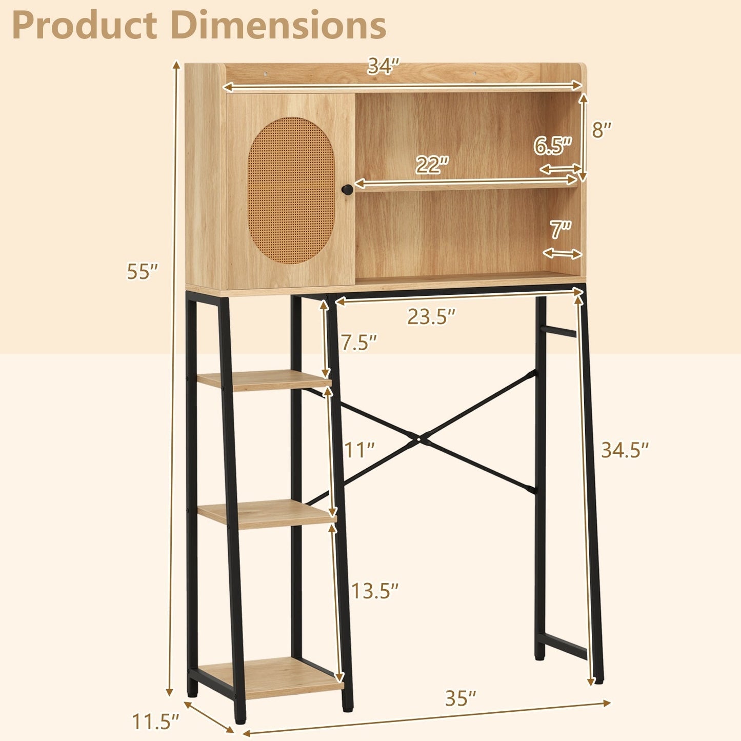 Over The Toilet Storage Cabinet with PE Rattan Door and Adjustable Shelf-Natural