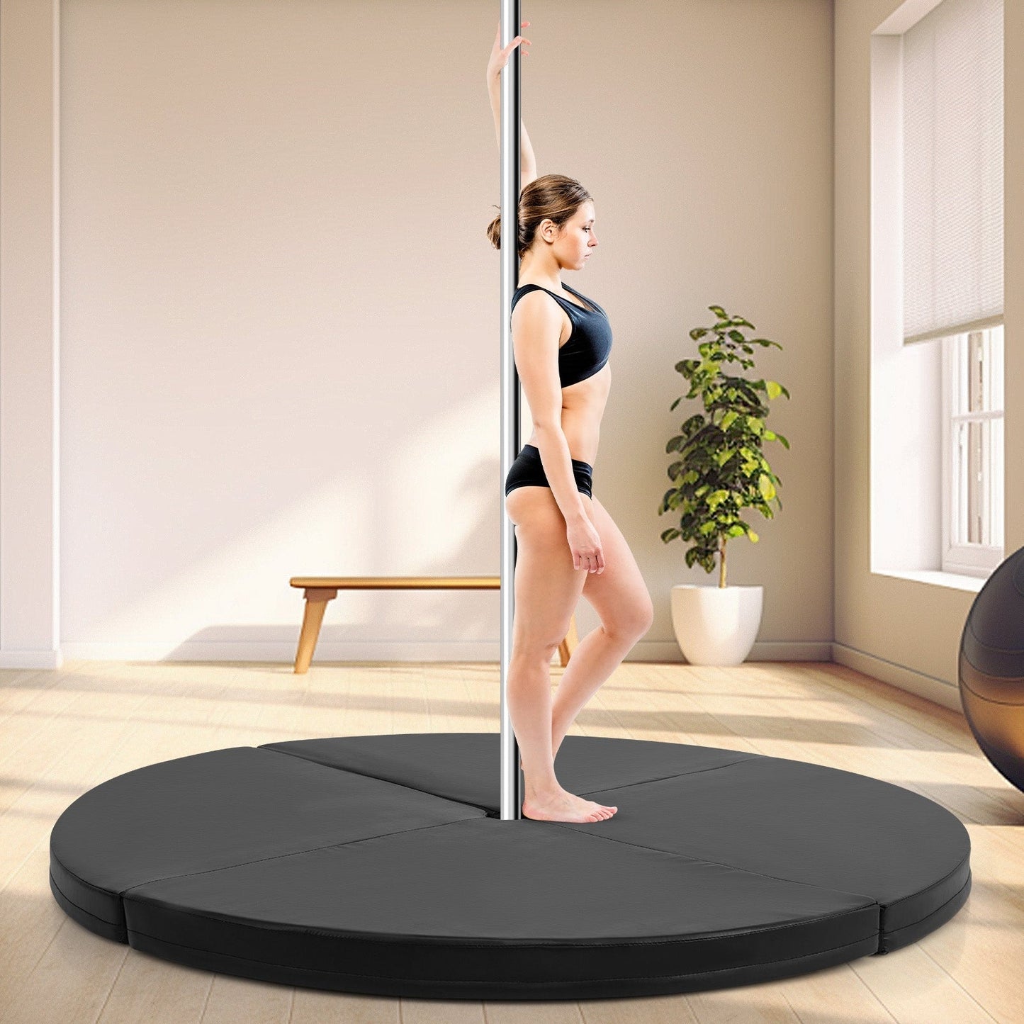 Pole Dance Crash Mat Round Portable Yoga Mat with EPE Foam-Black
