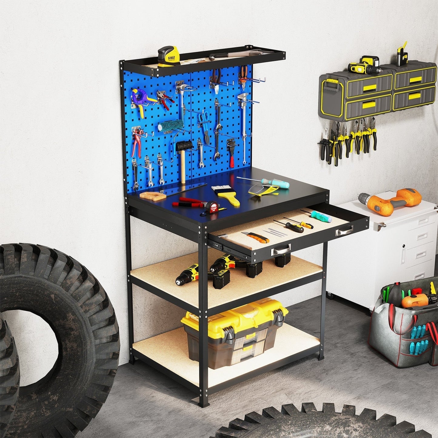 81 x 41 CM Workbench with Pegboard and Drawer and Shelves-Navy