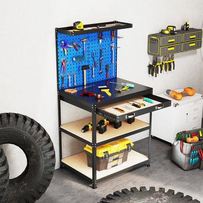 81 x 41 CM Workbench with Pegboard and Drawer and Shelves-Navy