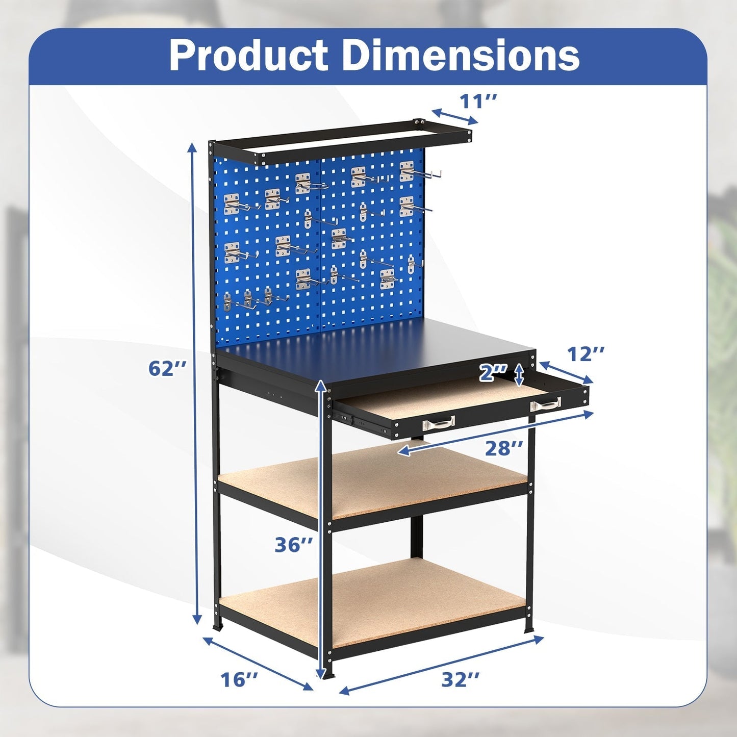 81 x 41 CM Workbench with Pegboard and Drawer and Shelves-Navy