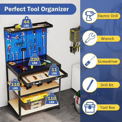 81 x 41 CM Workbench with Pegboard and Drawer and Shelves-Navy