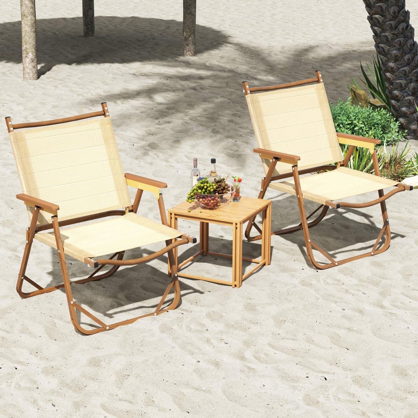 Set of 2 Folding Camp Chairs Lightweight with Aluminum Frame-Beige