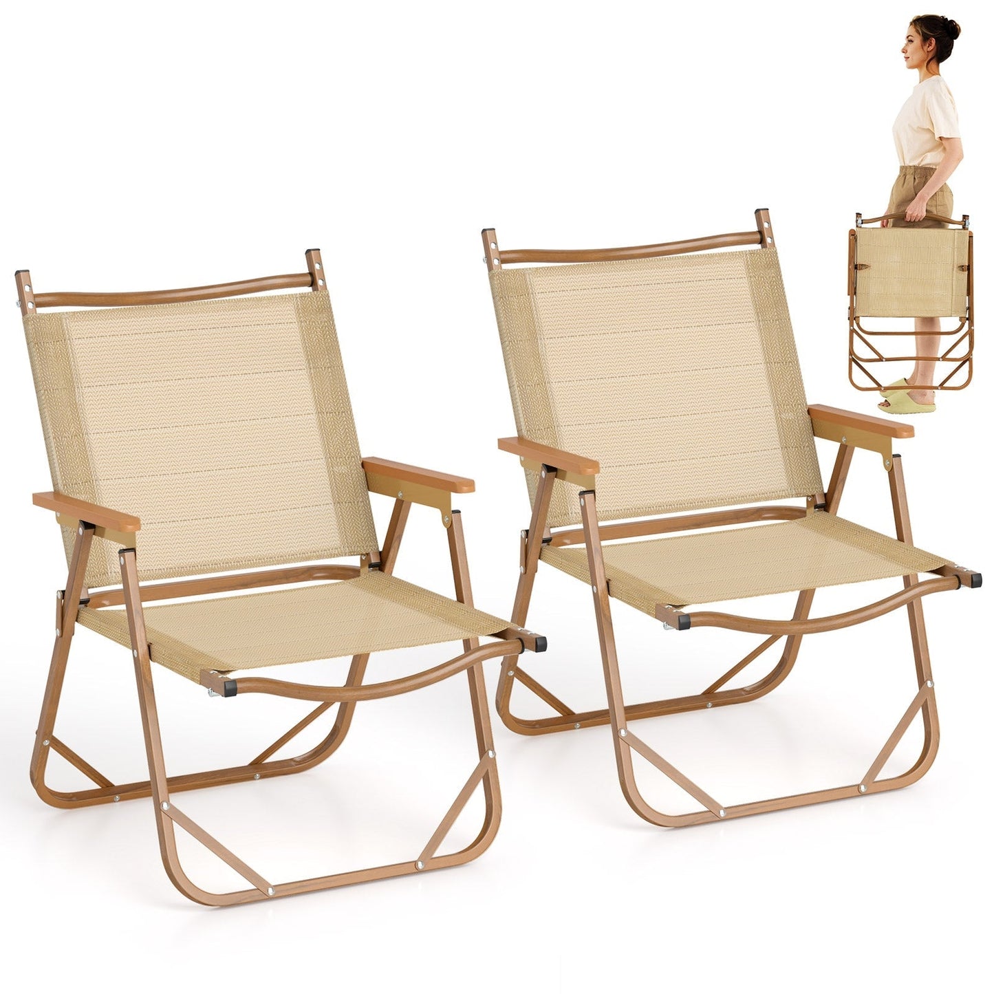Set of 2 Folding Camp Chairs Lightweight with Aluminum Frame-Beige