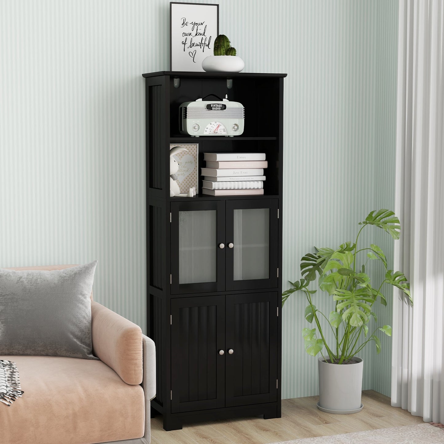 163cm Freestanding Bathroom Cabinet with Adjustable Shelves and 2 Compartments-Black