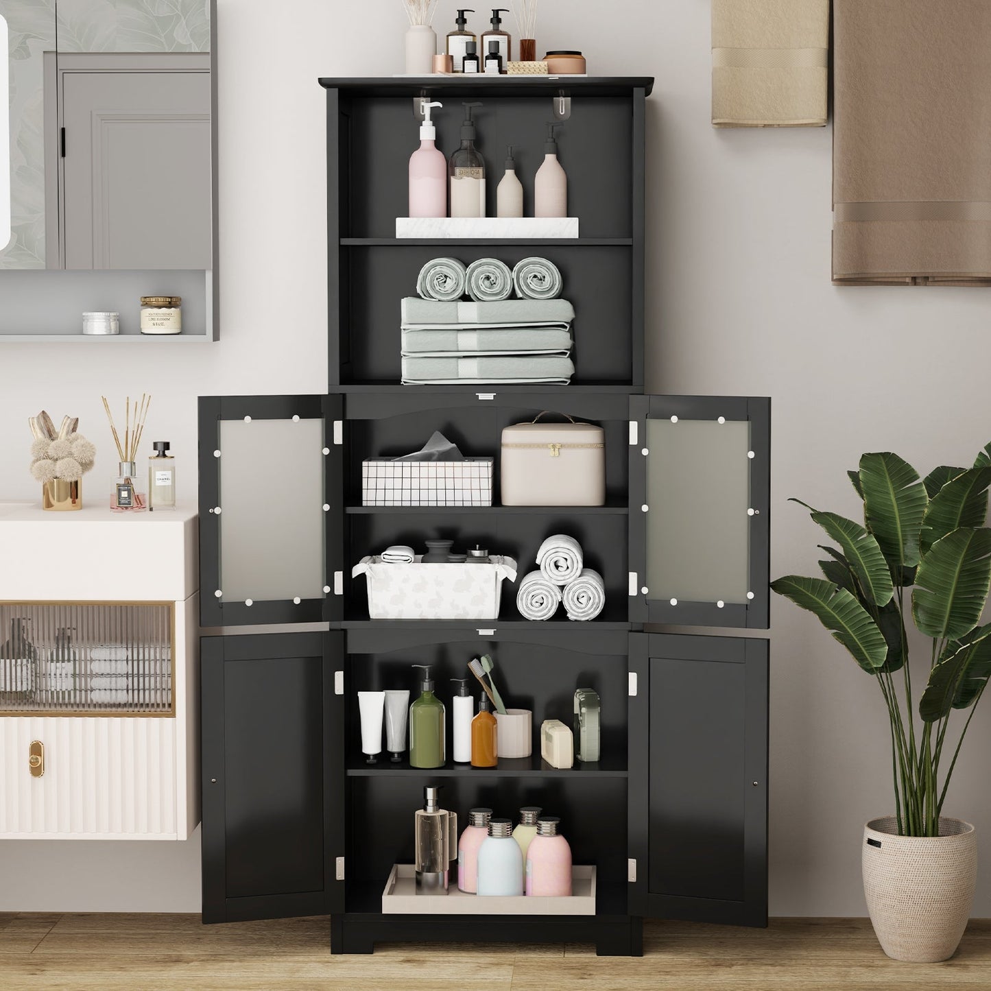 163cm Freestanding Bathroom Cabinet with Adjustable Shelves and 2 Compartments-Black