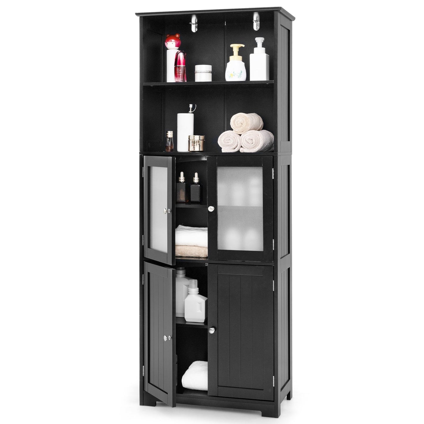 163cm Freestanding Bathroom Cabinet with Adjustable Shelves and 2 Compartments-Black