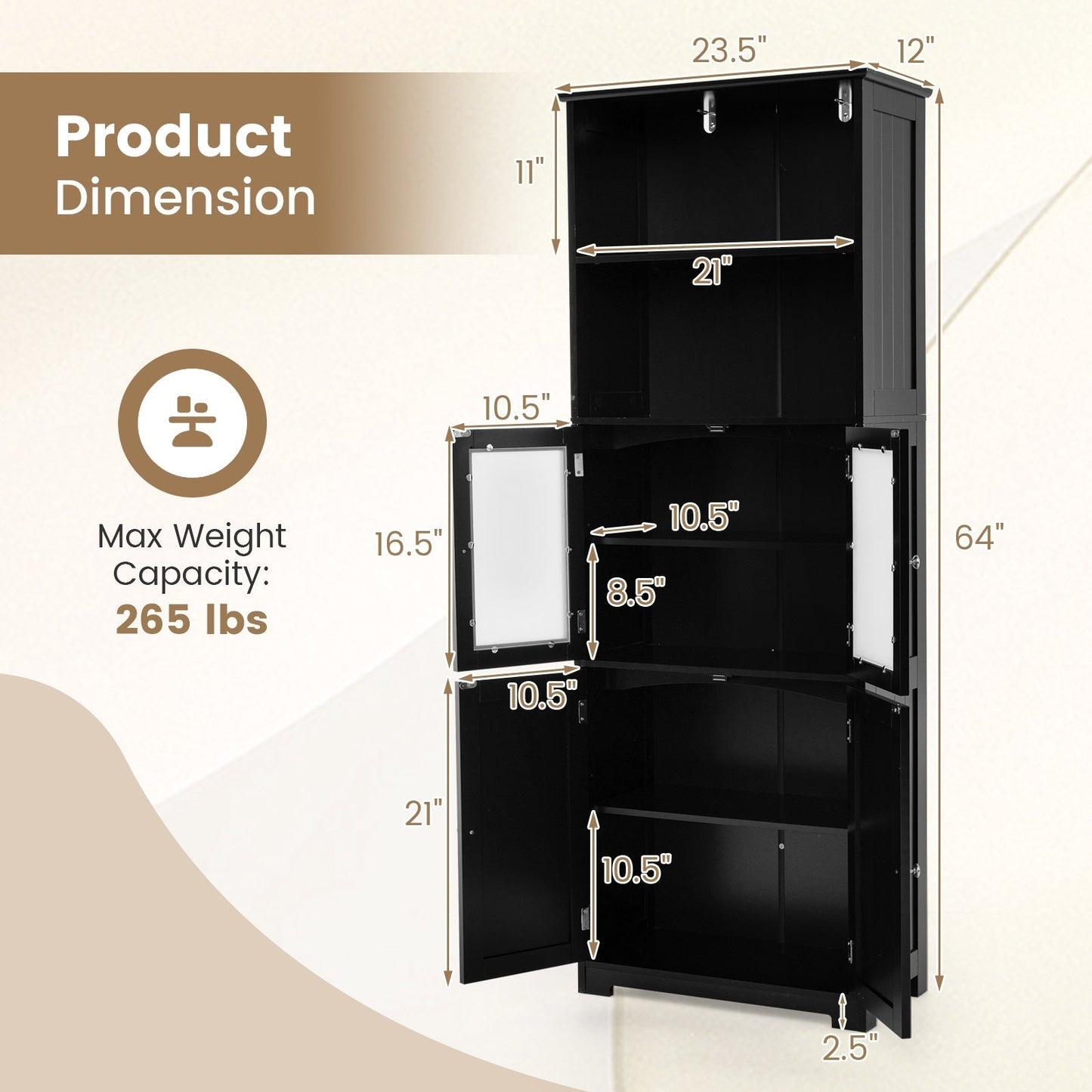 163cm Freestanding Bathroom Cabinet with Adjustable Shelves and 2 Compartments-Black